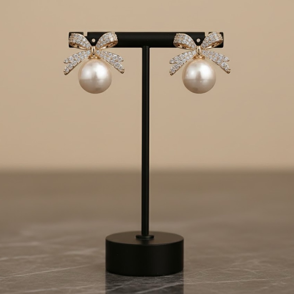 Pearl and Bow Drop Stud Earrings New in Box Beautiful!